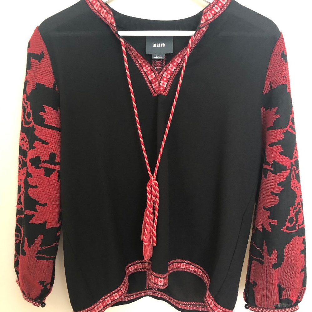 Maje for Anthropologie embroidery top with tassels